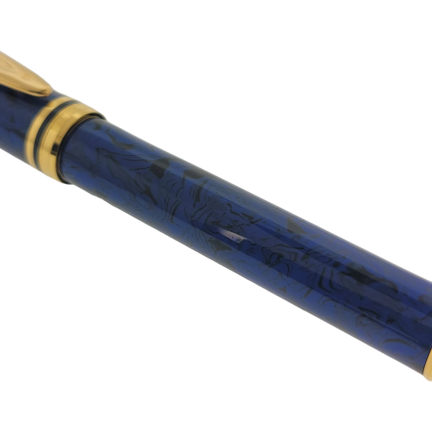 Waterman Le Man fountain pen with blue marble barrel, gold trim, and 18K gold nib