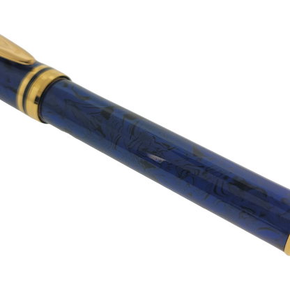 Waterman Le Man fountain pen with blue marble barrel, gold trim, and 18K gold nib
