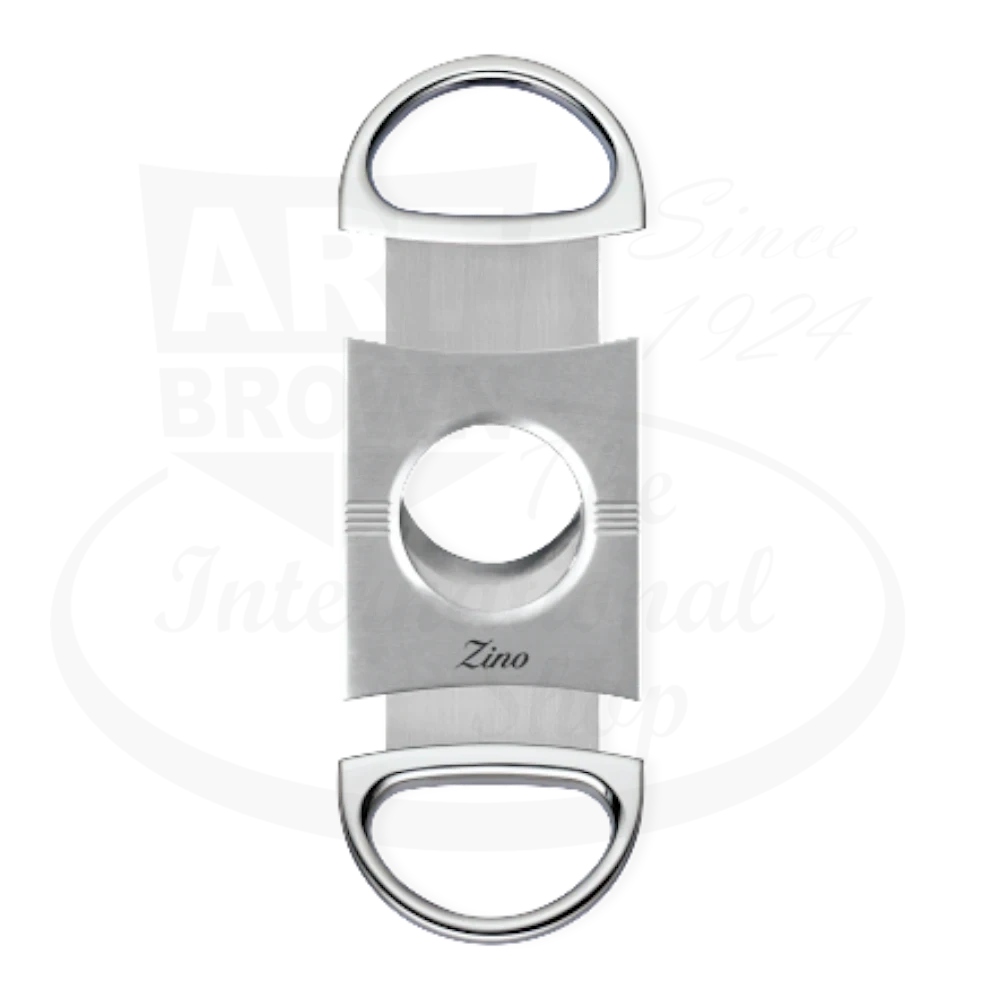 Zino Z2 double blade cigar cutter in chrome with stainless steel accents with the blades spread open
