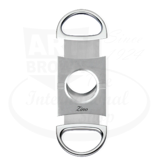 Zino Z2 double blade cigar cutter in chrome with stainless steel accents with the blades spread open