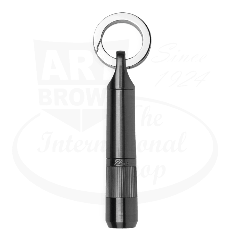 Zino Z9 black metal cigar punch cutter with polished keyring attachment, featuring textured grip and compact cylindrical design for 70-ring gauge cigars