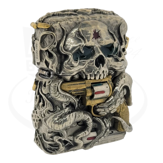 Zippo Skull with Revolver Lighter featuring detailed silver-tone brass casing with intricate skull design and gold-tone spinning revolver cylinder on both sides