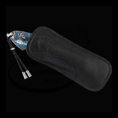 William Henry B12 Blue Fusion Spearpoint with blue fossilized mammoth tusk blade and black leather sheath with braided leather pull tabs