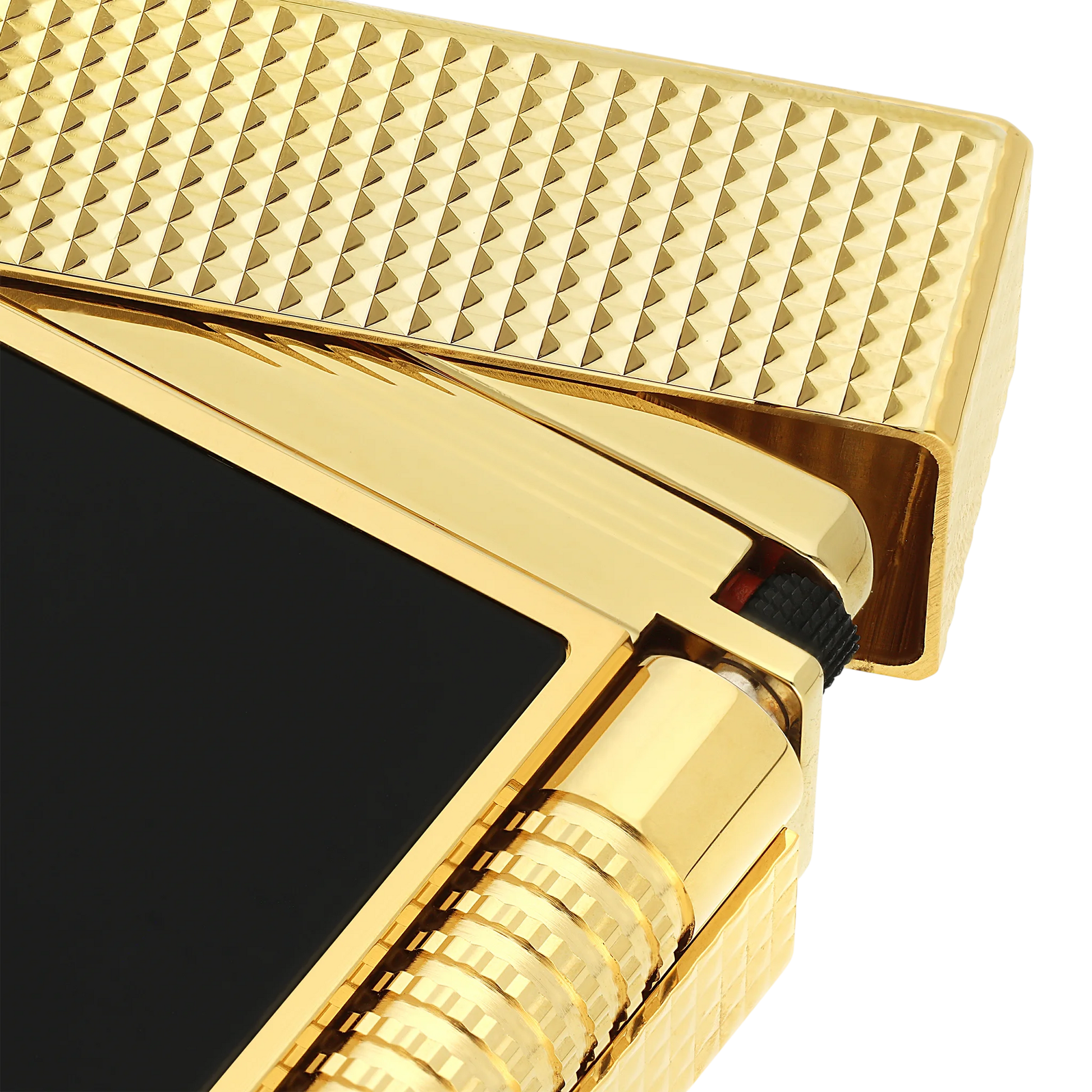 S.T. Dupont New Le Grand Black Lacquered Diamond Head Lighter close-up of gold textured lid and black lacquer body