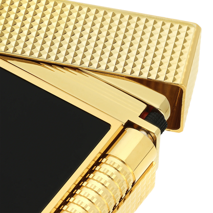 S.T. Dupont New Le Grand Black Lacquered Diamond Head Lighter close-up of gold textured lid and black lacquer body