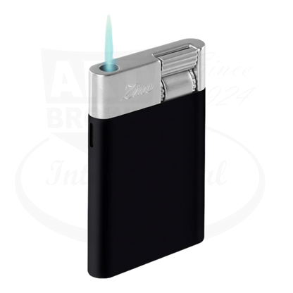 Zino ZM Cigar Jet Flame Lighter Black and chrome metal, sleek design, compact rectangular shape with jet flame ignition.