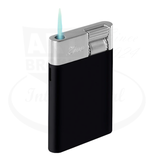 Zino ZM Cigar Jet Flame Lighter Black and chrome metal, sleek design, compact rectangular shape with jet flame ignition.