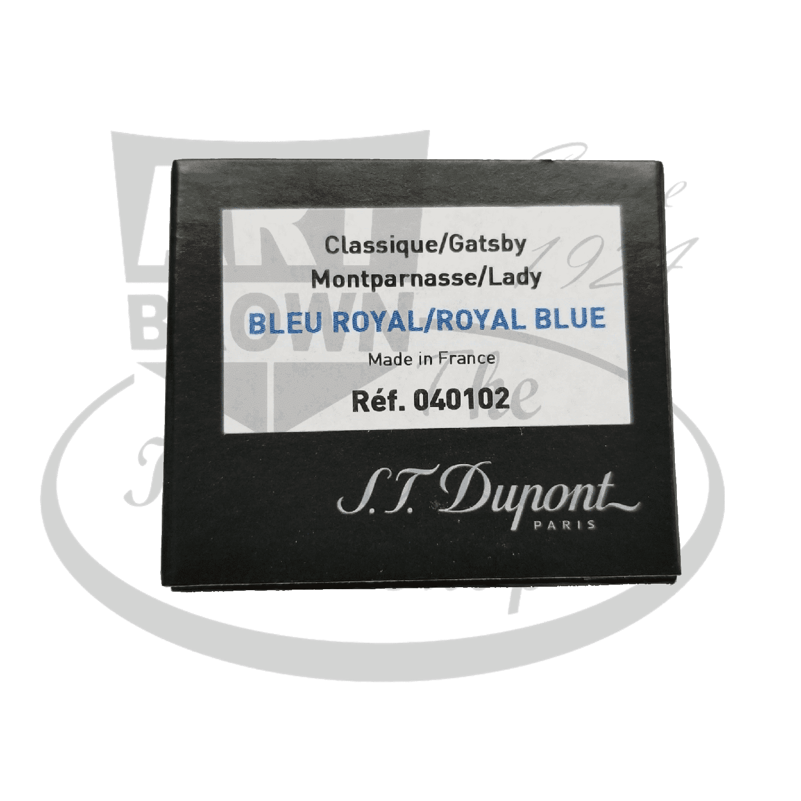 S.T. Dupont 040102 Royal Blue fountain pen ink cartridges box, black packaging with silver text, for Classique and Gatsby series, Made in France