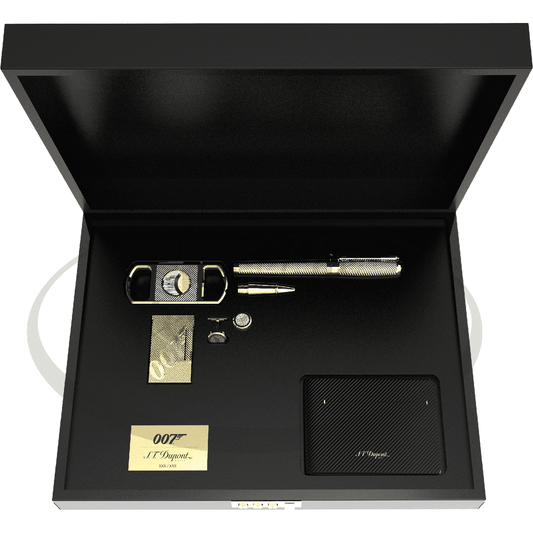 S.T. Dupont 007 Limited Edition James Bond Gold Collectors Set with lighter, pen, cufflinks, cutter, and wallet in black and gold