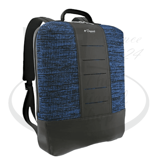 S.T. Dupont Millennium 195001 rubber-canvas backpack in blue-black, featuring Flyknit fabric panel, padded laptop compartment, and adjustable straps