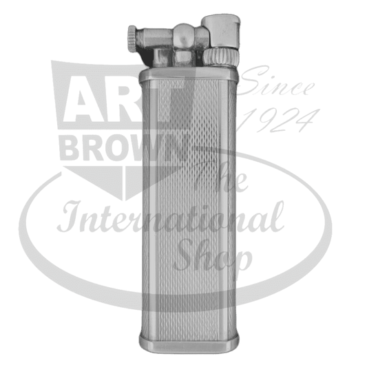 Vintage Dunhill Sylphide Lighter Silver barley grain Pattern Display Model, seen from the front.