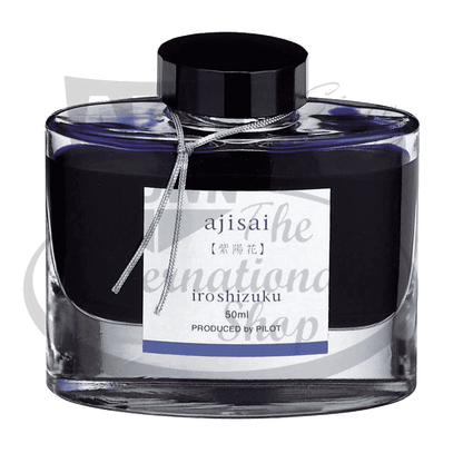Pilot Iroshizuku ajisai glass ink bottle, 50ml, featuring deep blue-purple liquid with black cap and silver cord, Japanese label design