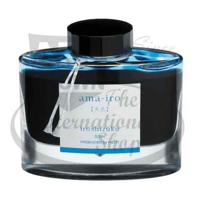 Pilot Iroshizuku glass ink bottle with black cap, featuring bright blue liquid and white label, contains 50ml fountain pen ink
