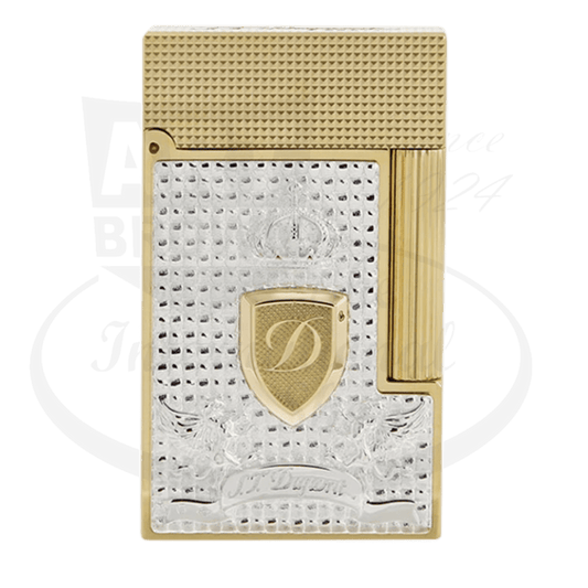S.T. Dupont Ligne 2 C16041 gold-plated brass lighter with silver blazon panel, textured diamond pattern, and shield emblem featuring D monogram