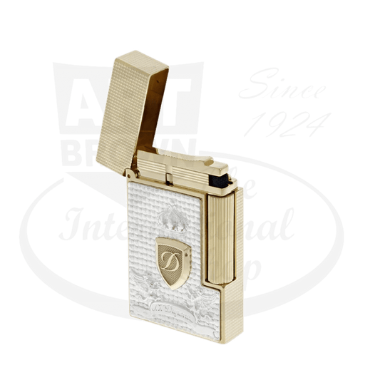 ST Dupont Ligne 2 Hotel Particulier C16041 gold-plated brass lighter with silver blazon shield, textured diamond pattern, and engraved commemorative design, open lid view