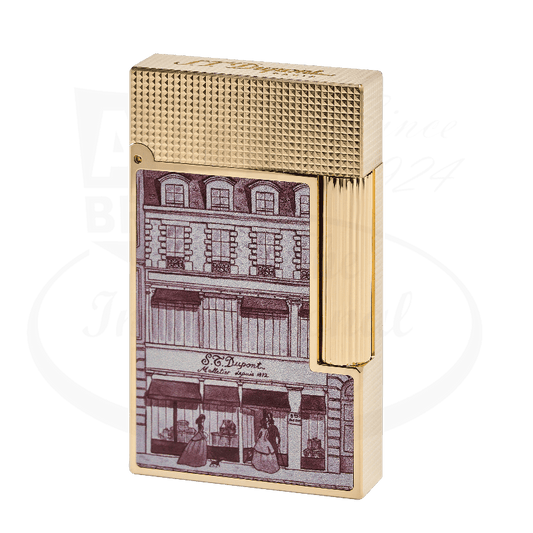 S.T. Dupont Ligne 2 Perfect Cling C16042 - Gold-plated brass lighter with engraved Hotel Particulier storefront design, textured diamond pattern top