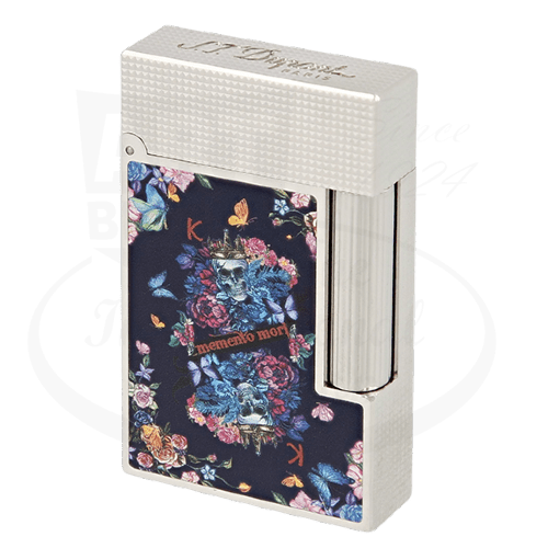 S.T. Dupont Ligne 2 Perfect Cling platinum lighter, C16410, featuring micro-diamond head pattern with navy blue panel decorated with skull and floral motif in pink and blue