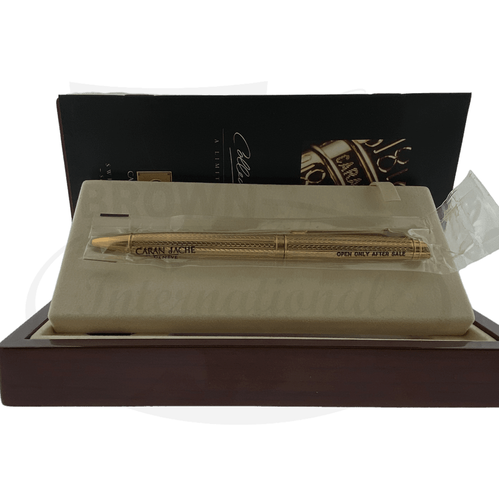 Caran D'Ache Collection Privee gold-plated ballpoint pen 0380/2000 displayed in wooden box with original packaging and protective sleeve