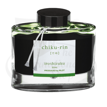 Pilot Iroshizuku Chiku-rin glass ink bottle, 50ml green fountain pen ink with black cap, white label featuring Japanese characters