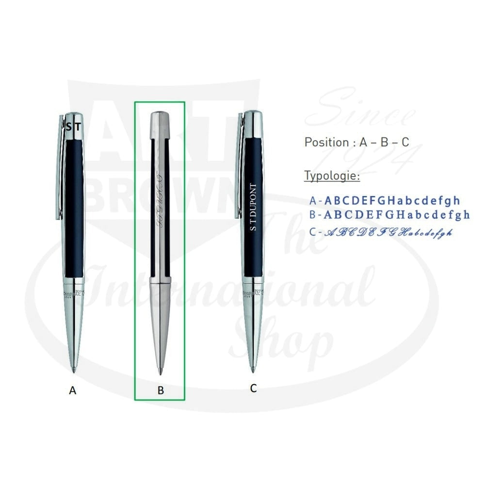 ST Dupont Defi metal pen engraving guide showing three positions A B C with available font styles for personalized monogram customization in silver and black finish