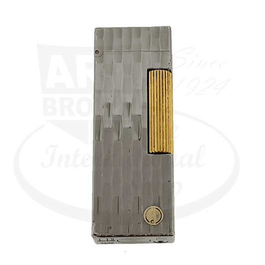 Dunhill Rollagas Duotone metal lighter with bamboo pattern, silver-tone body, gold roller wheel and logo, vertical textured design