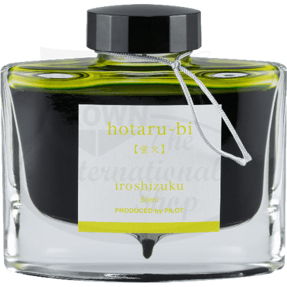 Pilot Iroshizuku Hotaru-bi fountain pen ink in glass bottle, 50ml, luminous yellow-green liquid with black cap and white label