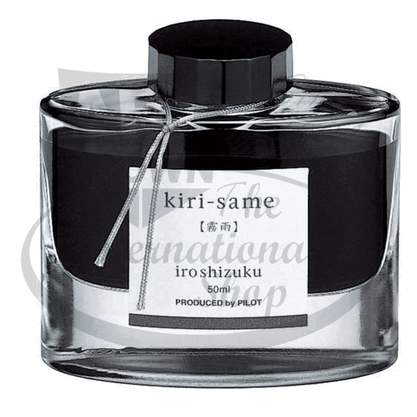 Pilot Iroshizuku Kiri-same 50ml glass bottle fountain pen ink in misty grey with black cap and silver ribbon accent