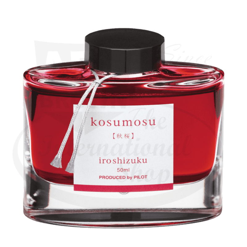 Pilot Iroshizuku Kosumosu glass ink bottle, 50ml crystal-clear container with black cap, vibrant red fountain pen ink, Japanese-style label