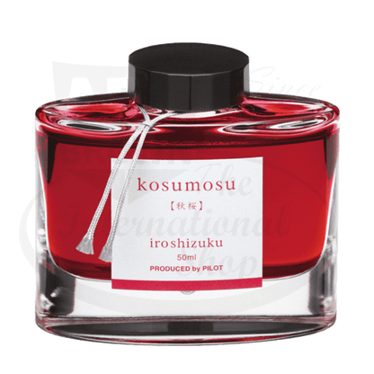 Pilot Iroshizuku Kosumosu glass ink bottle, 50ml crystal-clear container with black cap, vibrant red fountain pen ink, Japanese-style label