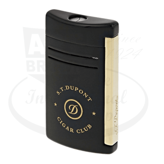 S.T. Dupont Cigar Club Maxijet 020212 chromium lighter in black and gold finish with brand logo, featuring sleek curves and jet flame design