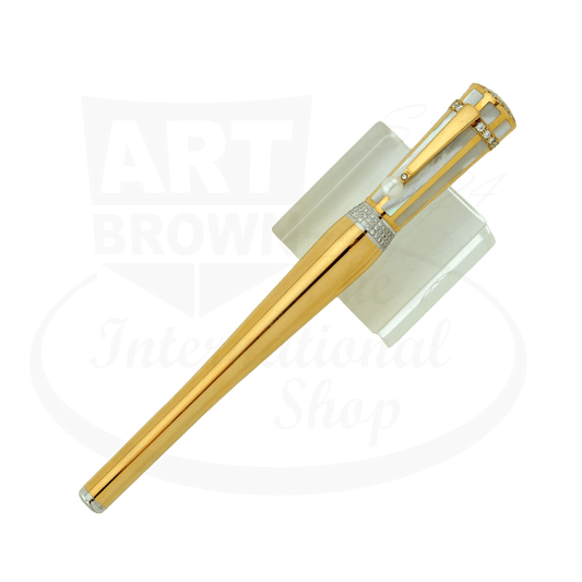 Montblanc Greta Garbo 18K gold fountain pen featuring diamond accents, mother-of-pearl inlay, and Akoya pearl clip in sleek elongated design