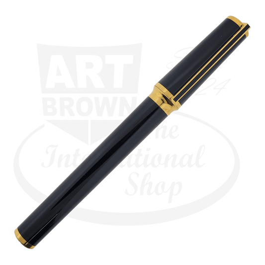 S.T. Dupont Montparnasse 411274 black lacquer fountain pen with gold trim and 18K medium nib, featuring elegant cylindrical design and signature cap band