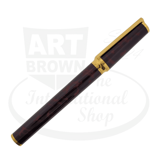 S.T. Dupont Montparnasse XL fountain pen in dark tortoiseshell lacquer with gold trim, featuring 18K gold medium nib, sleek cylindrical design with vintage appeal