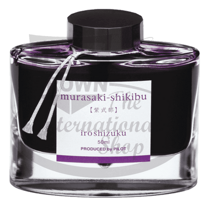 Pilot Iroshizuku glass ink bottle, Murasaki-shikibu purple, 50ml capacity, black screw cap, Japanese calligraphy on white label