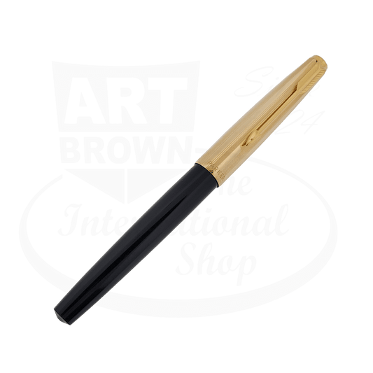 Parker 51 Preowned Black resin fountain pen with gold trim, streamlined design and iconic hooded nib.