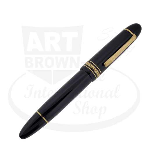 Montblanc Meisterstuck 149 fountain pen in black resin with gold trim, oblique 14K nib, displayed on white background