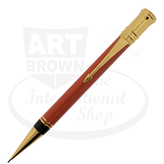 Parker Duofold Special Edition mechanical pencil in orange resin with gold-plated trim and cap, featuring classic Art Deco design elements