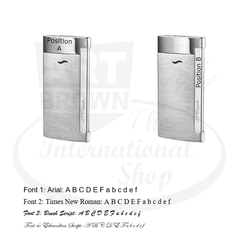 S.T. Dupont Slim 7 brushed palladium lighter engraving positions A and B shown with four font style options - Arial, Times New Roman, Brush Script, and Edwardian Script