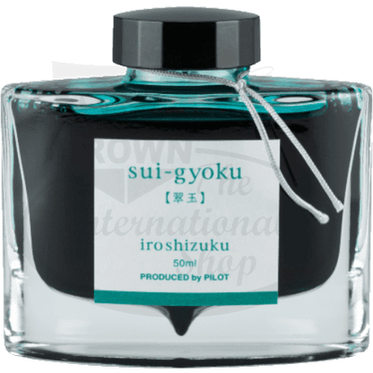 Pilot Iroshizuku Sui-gyoku glass bottle fountain pen ink in turquoise, 50ml square container with black cap and white label