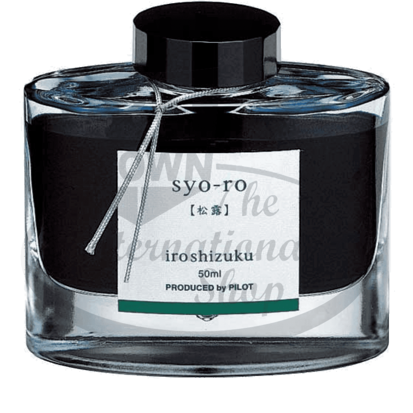 Pilot Iroshizuku Syo-ro glass ink bottle, 50ml capacity, featuring black cap and silver ribbon, with Japanese calligraphy label in black and green accents