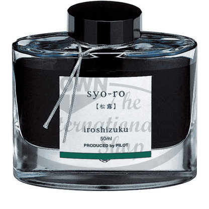 Pilot Iroshizuku Syo-ro glass ink bottle, 50ml capacity, featuring black cap and silver ribbon, with Japanese calligraphy label in black and green accents