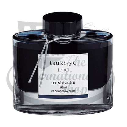 Pilot Iroshizuku Tsuki-yo glass bottle fountain pen ink in deep blue-black, 50ml container with black cap and silver accent cord