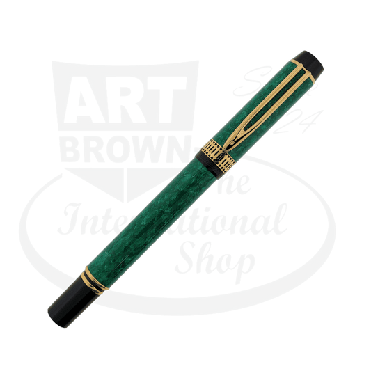 Waterman Patrician fountain pen in jade green resin with 18K gold medium nib and black trim, featuring vintage-inspired ornate cap band