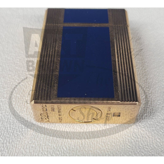S.T. Dupont Refurbished Line 1 Windsor lighter in blue lacquer with gold stripes, vintage slim design, light scuff on lid