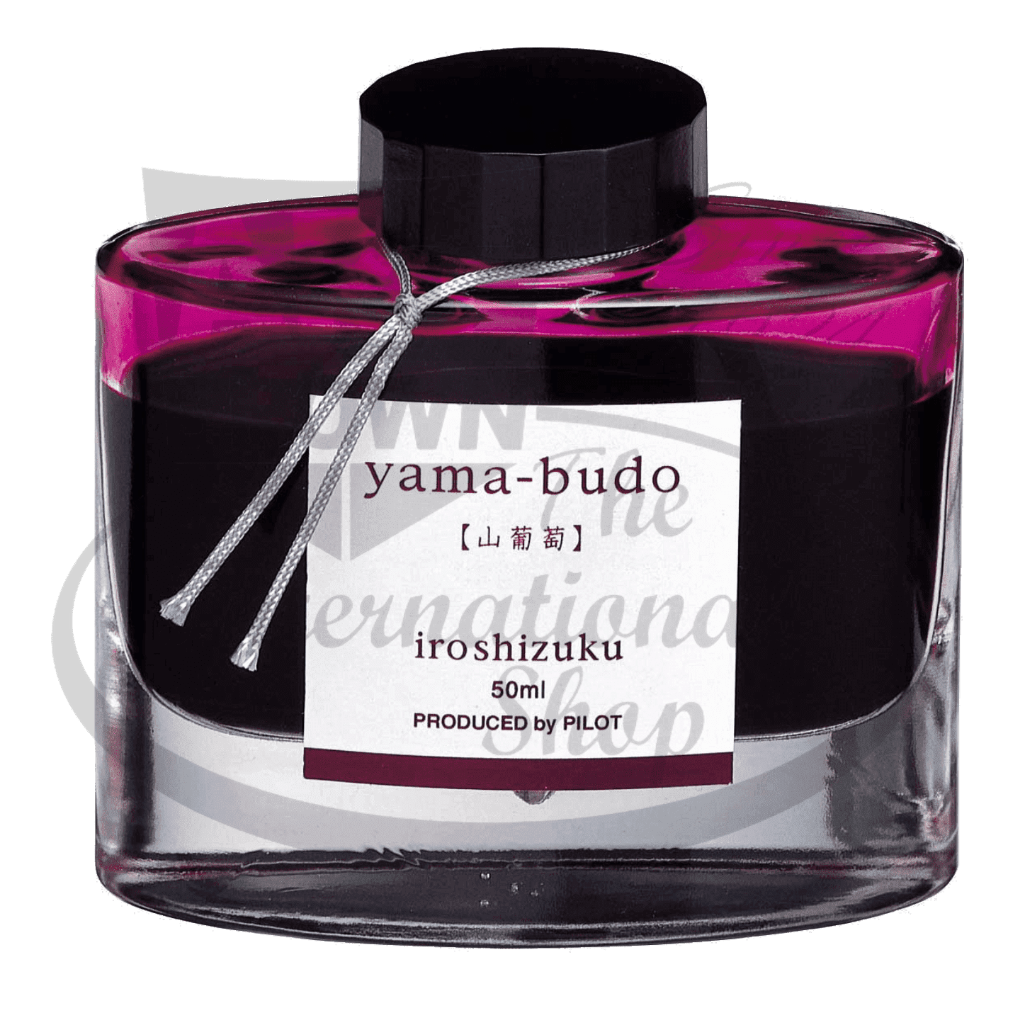 Pilot Iroshizuku Yama-budo glass bottle fountain pen ink in vibrant magenta purple, featuring black cap and decorative silver cord, 50ml capacity