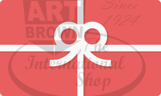 Art Brown Gift Card in red with white bow and ribbon design, digital gift card for versatile luxury shopping choice